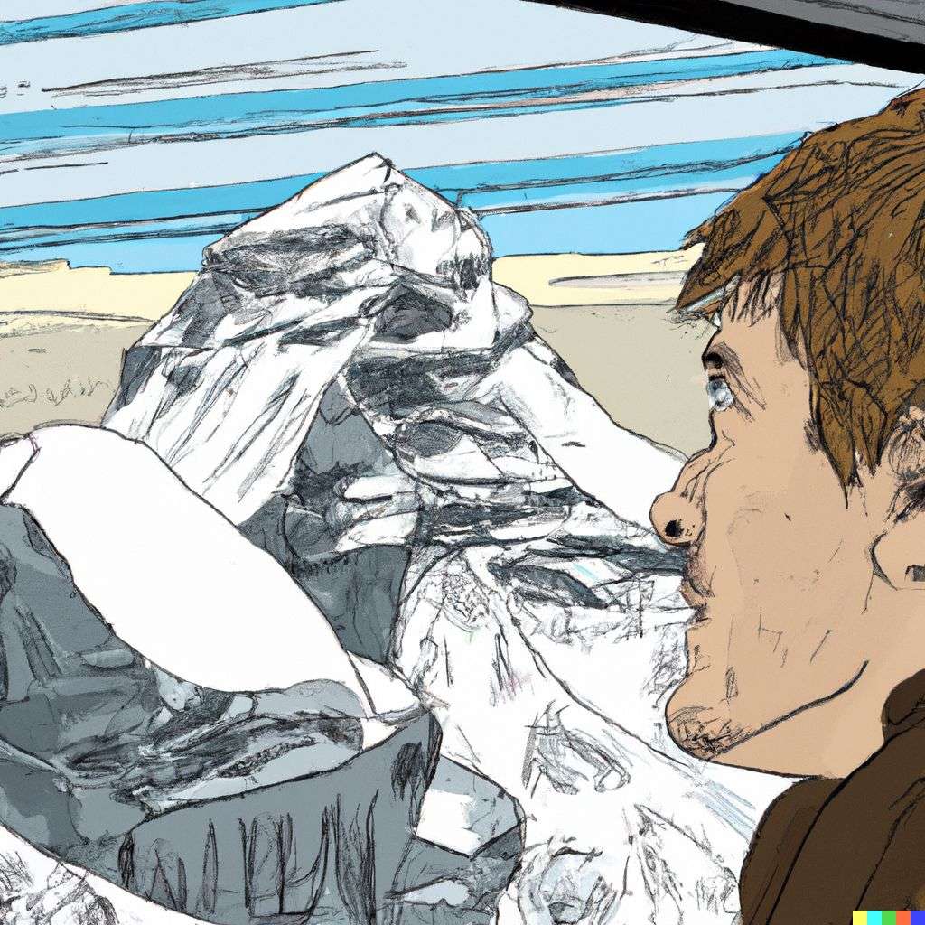 someone gazing at Mount Everest, comic book illustration, realism style